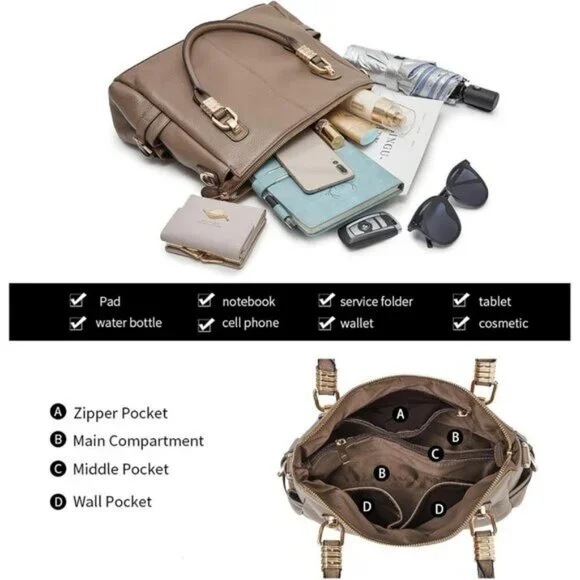 🆕Women Khaki Genuine Leather Purses and Handbags Satchel Tote Shoulder Bag